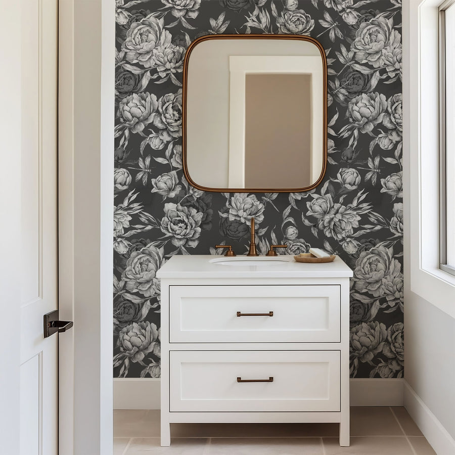 Enchanted Peony Garden – Moody Black & White Floral Wallpaper