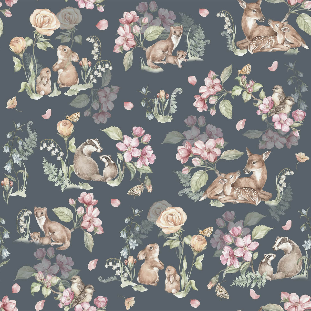 Whimsical Forest Animal Wallpaper – Dark Floral Peel & Stick Mural