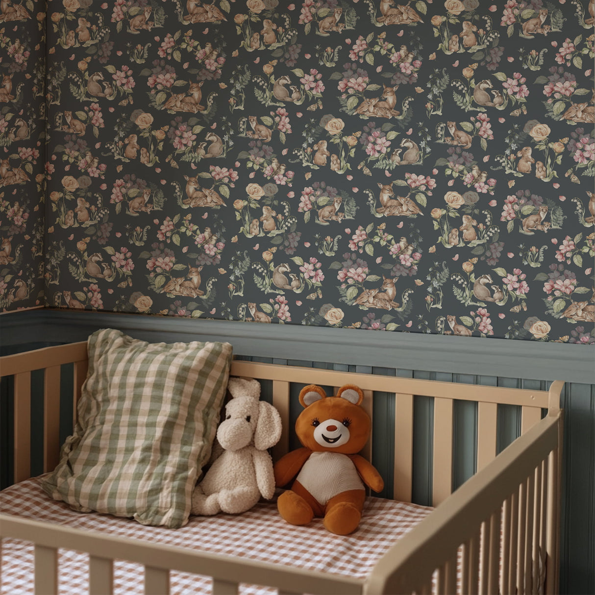 Whimsical Forest Animal Wallpaper – Dark Floral Peel & Stick Mural