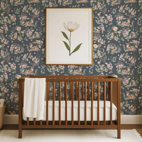Whimsical Forest Animal Wallpaper – Dark Floral Peel & Stick Mural