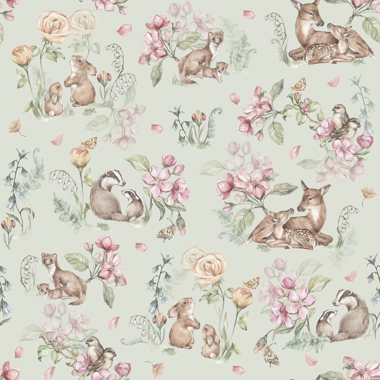Woodland Floral Wallpaper in Sage - Watercolor Animals & Garden Blooms