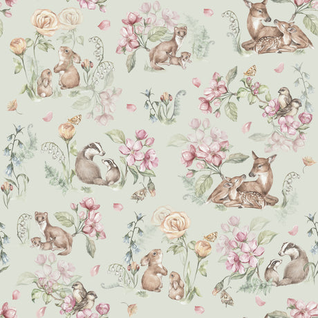 Woodland Floral Wallpaper in Sage - Watercolor Animals & Garden Blooms