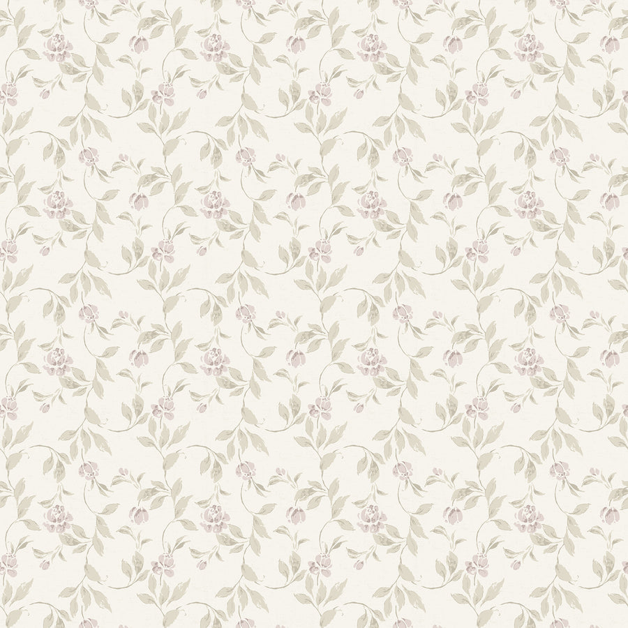 Floral patterned wallpaper with small flowers and leaves on a light background