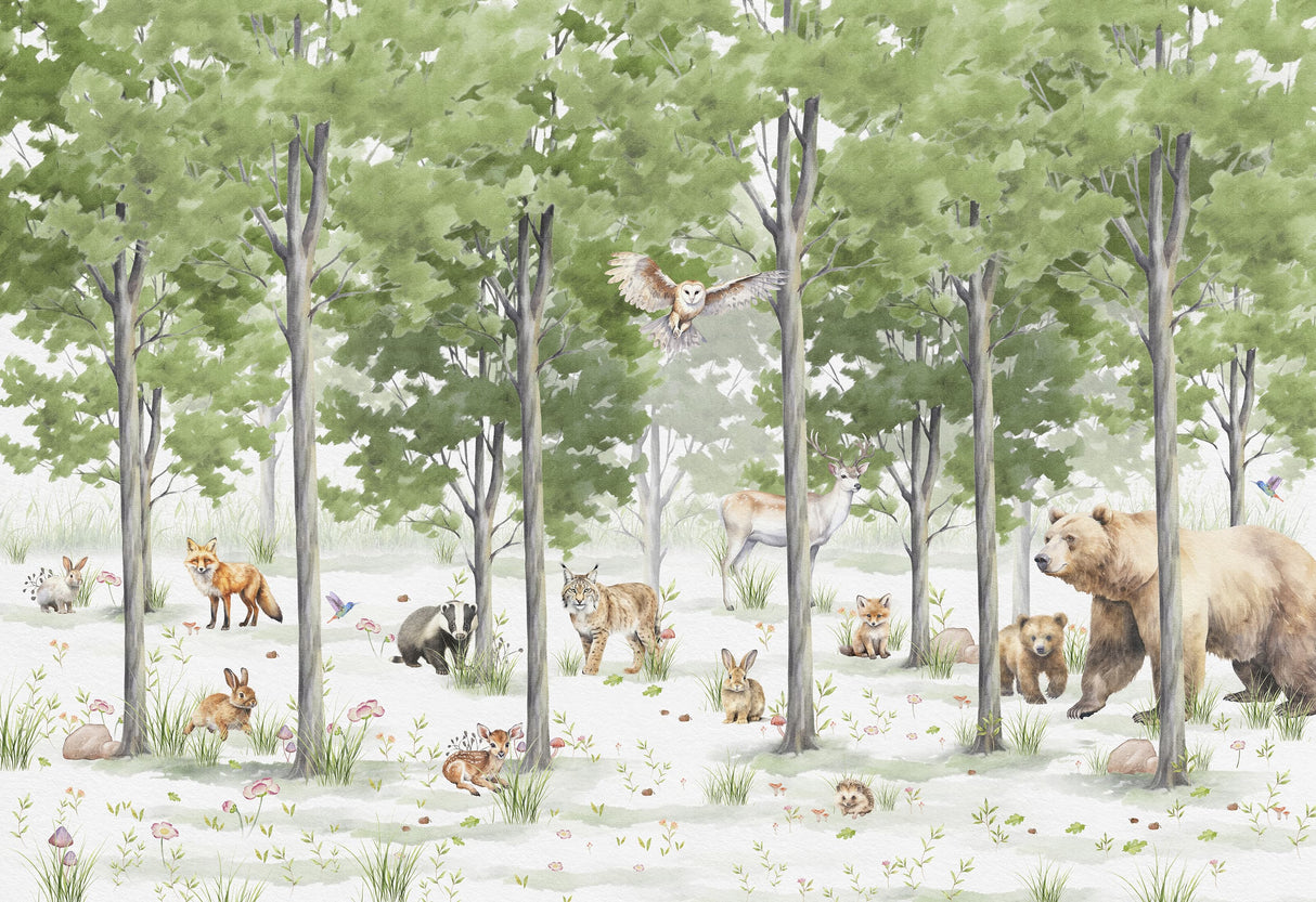 Woodland Animals Forest Wallpaper Mural - Peel and Stick Nursery Wall Decor