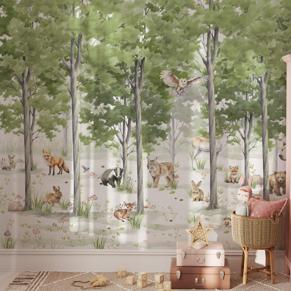 Woodland Animals Forest Wallpaper Mural - Peel and Stick Nursery Wall Decor