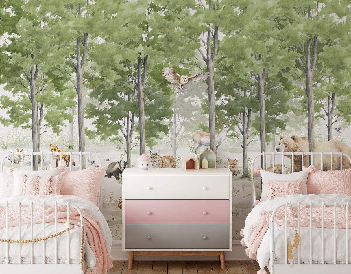 Woodland Animals Forest Wallpaper Mural - Peel and Stick Nursery Wall Decor