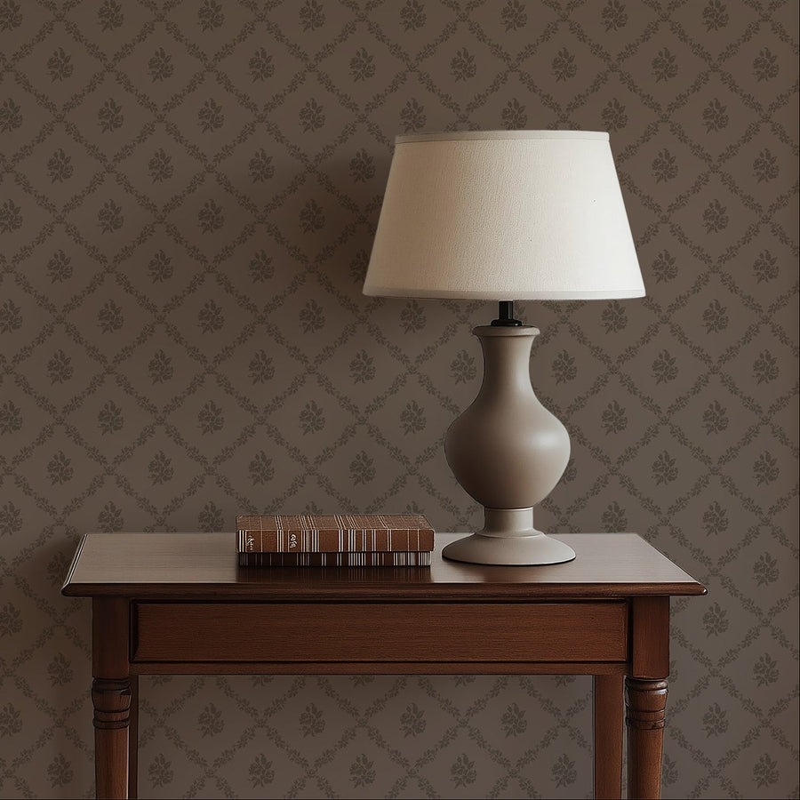 Foyer with Della wallpaper in brown featuring a tonal diamond floral lattice pattern with dark chocolate accents