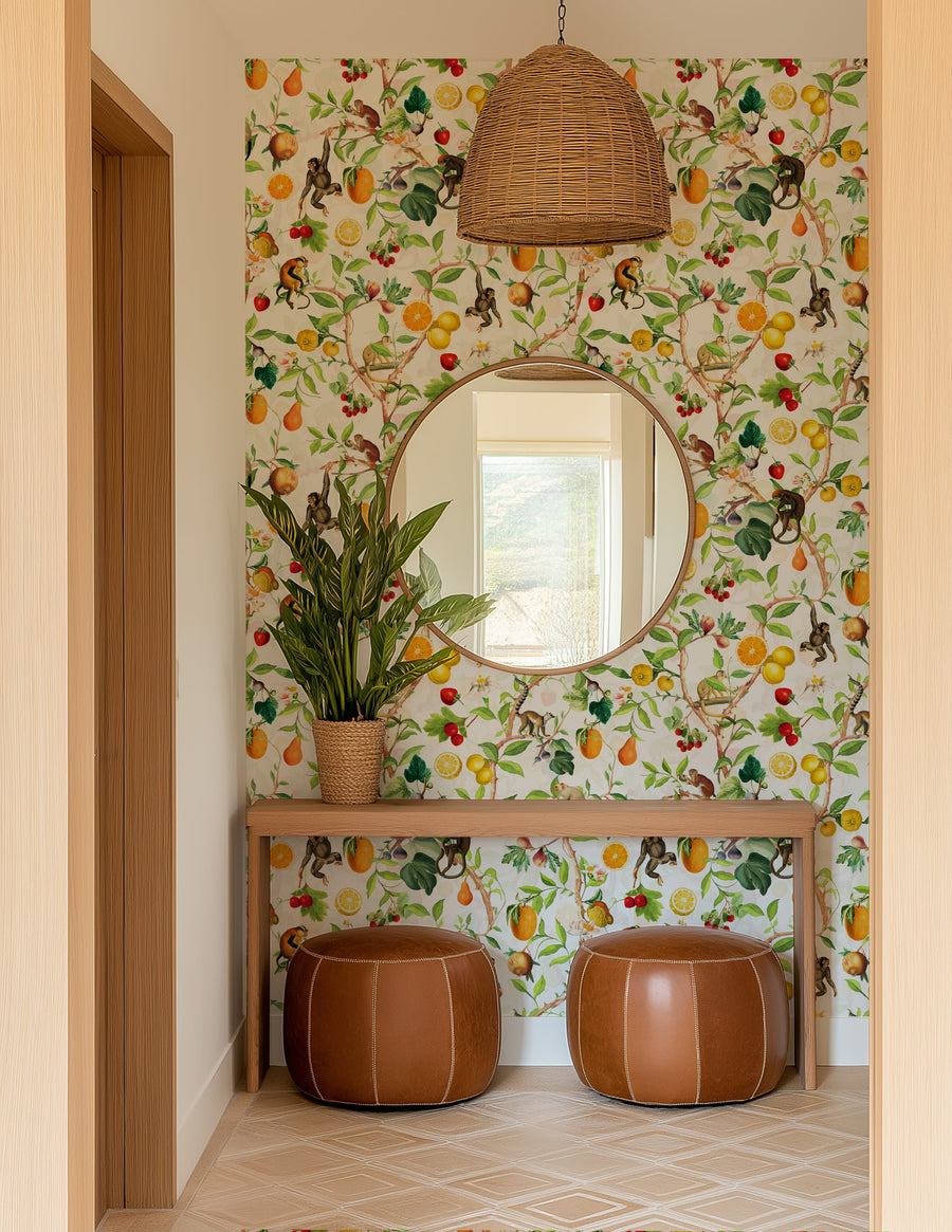 Foyer with Tropical Monkey Jungle Wallpaper – Fruit & Botanical Pattern