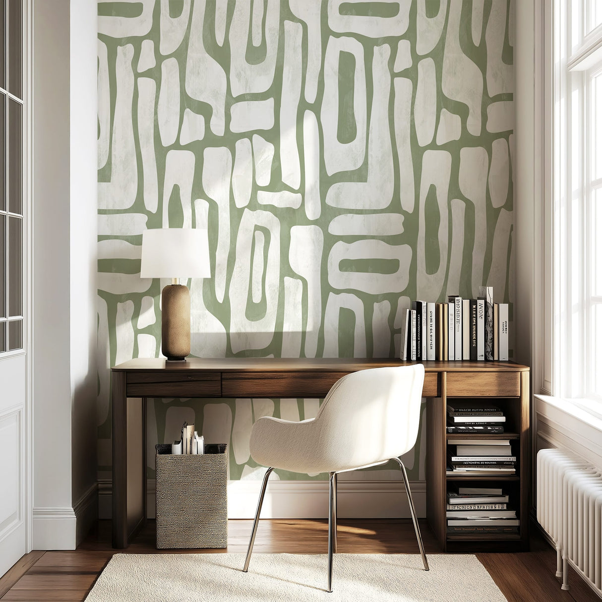 Modern abstract sage green geometric wallpaper with 48-inch repeat pattern