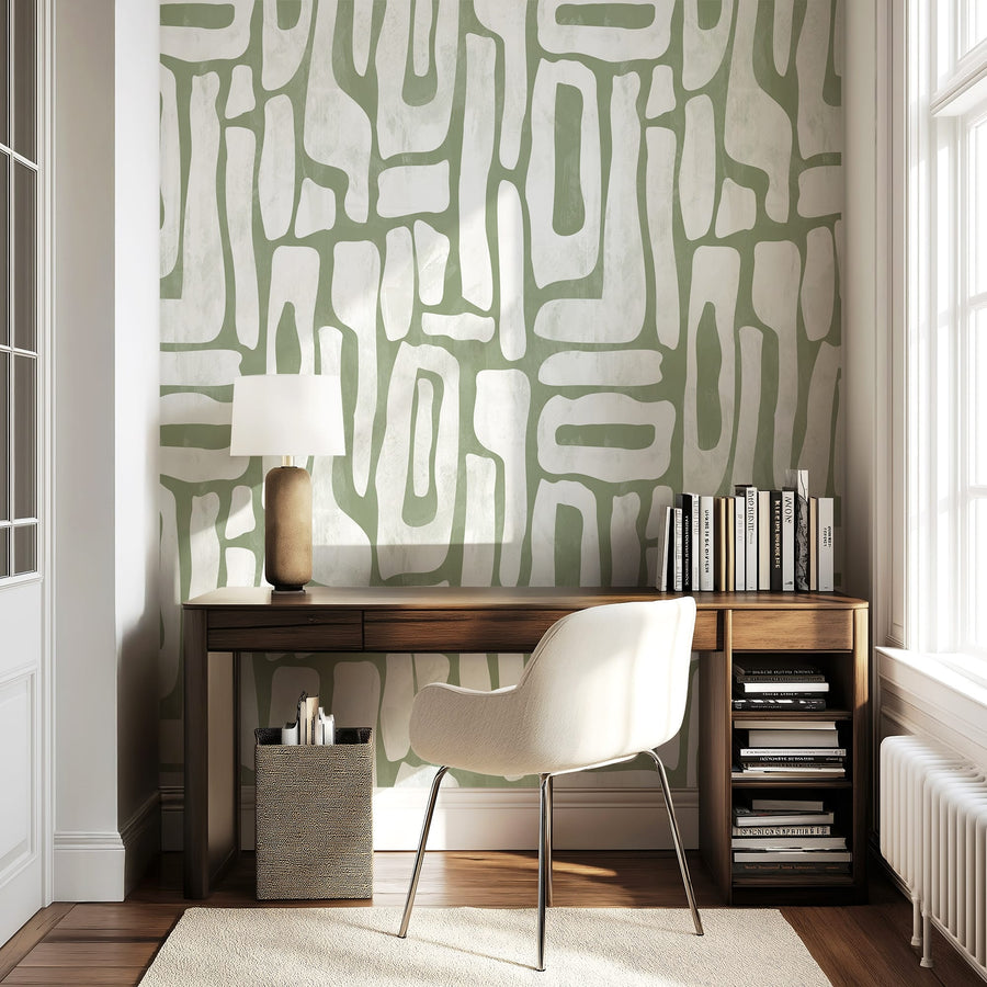 Modern abstract sage green geometric wallpaper with 48-inch repeat pattern