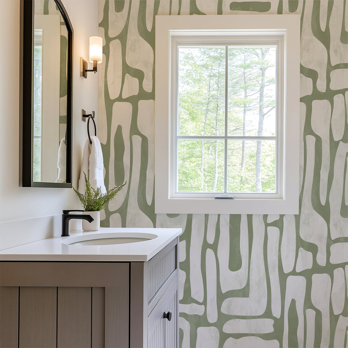 Modern abstract sage green geometric wallpaper with 48-inch repeat pattern