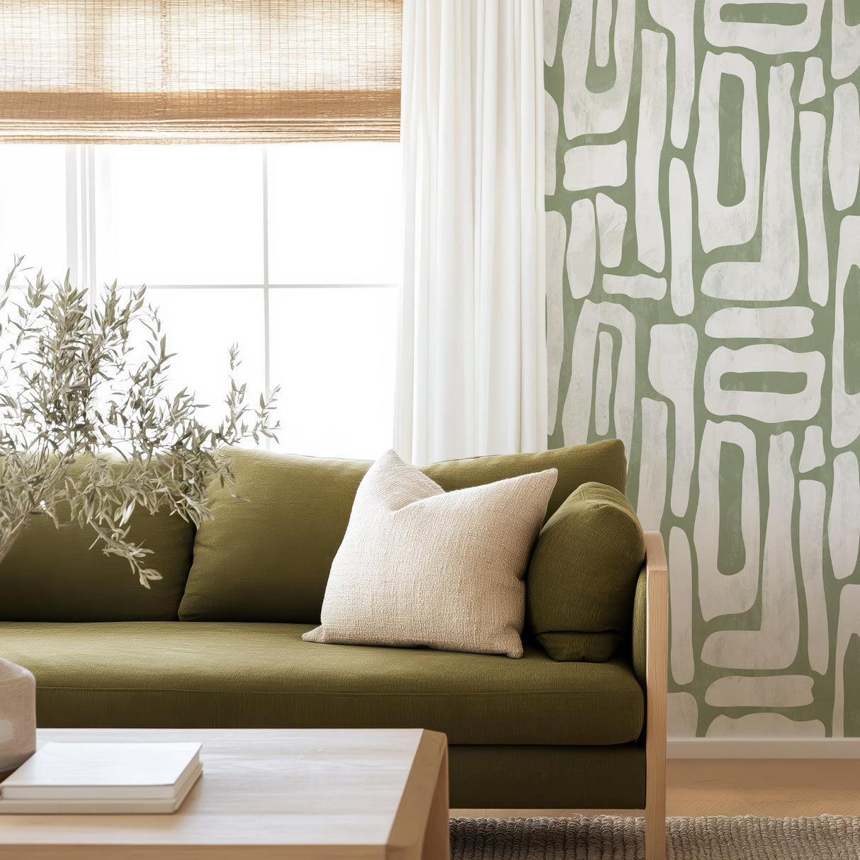 Modern abstract sage green geometric wallpaper with 48-inch repeat pattern