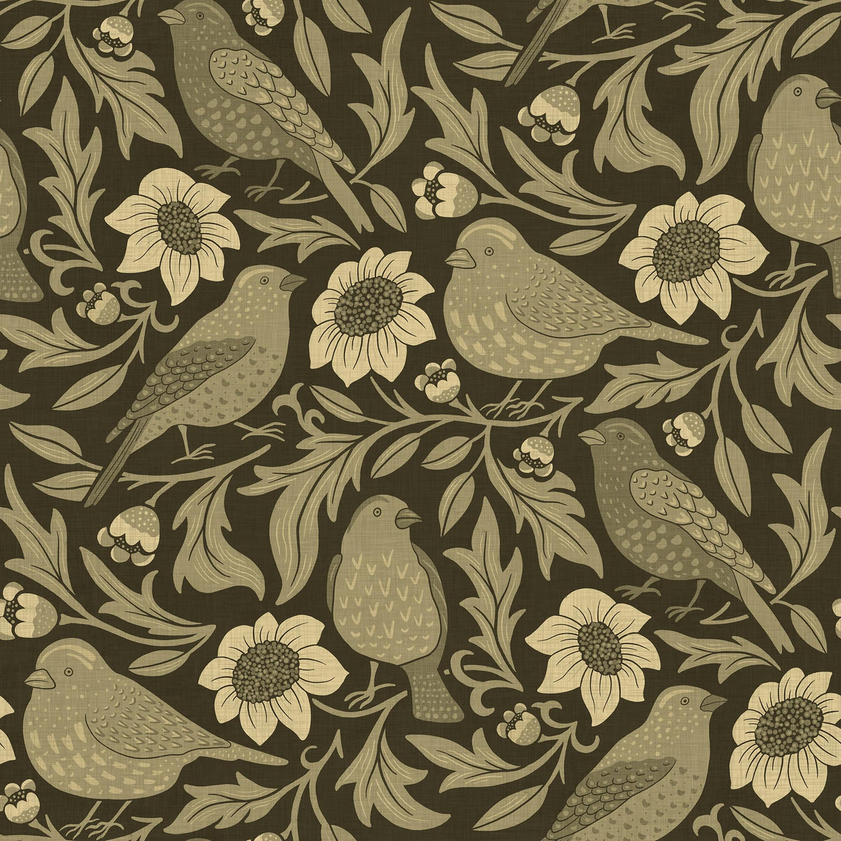 Heritage Birds & Wildflowers – Olive Green Botanical Wallpaper