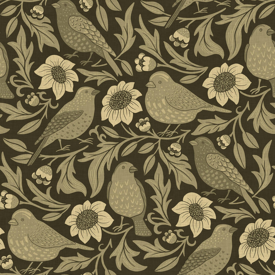 Heritage Birds & Wildflowers - Olive Green Botanical Wallpaper