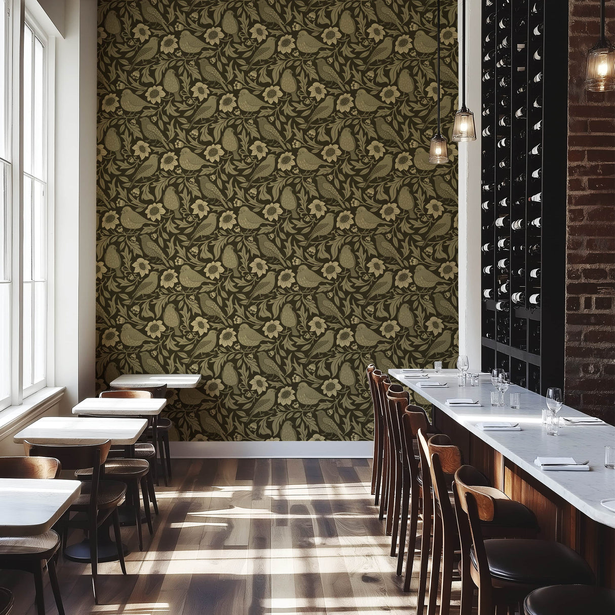 Heritage Birds & Wildflowers – Olive Green Botanical Wallpaper