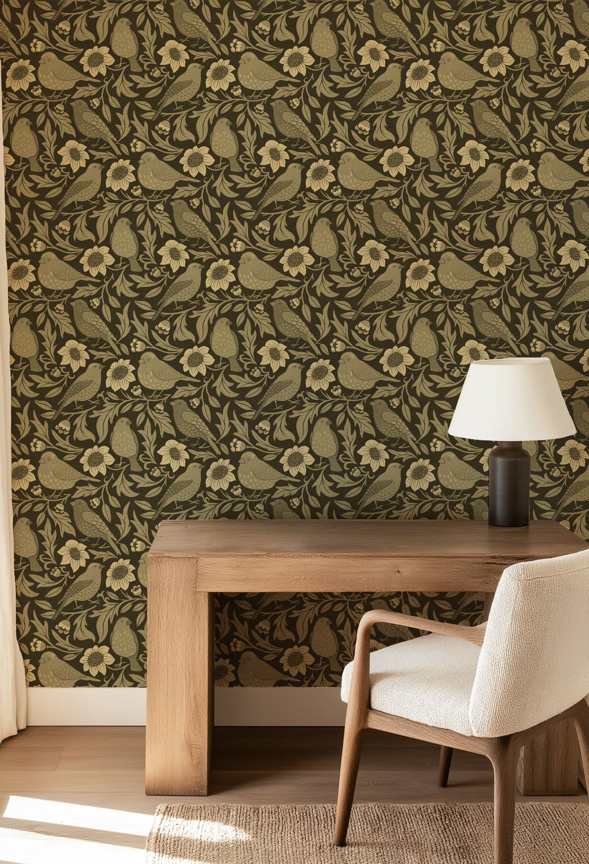 Heritage Birds & Wildflowers – Olive Green Botanical Wallpaper