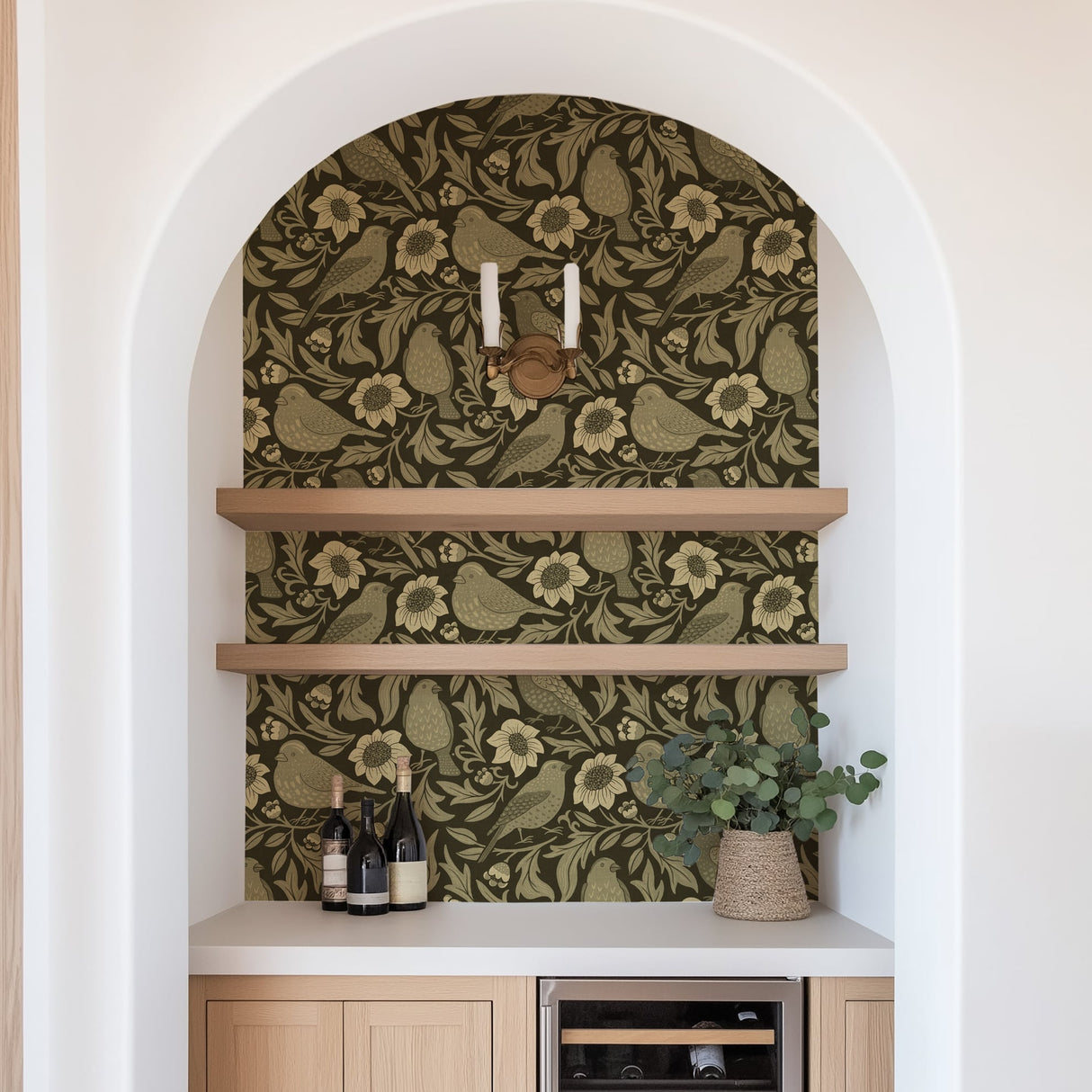 Heritage Birds & Wildflowers – Olive Green Botanical Wallpaper