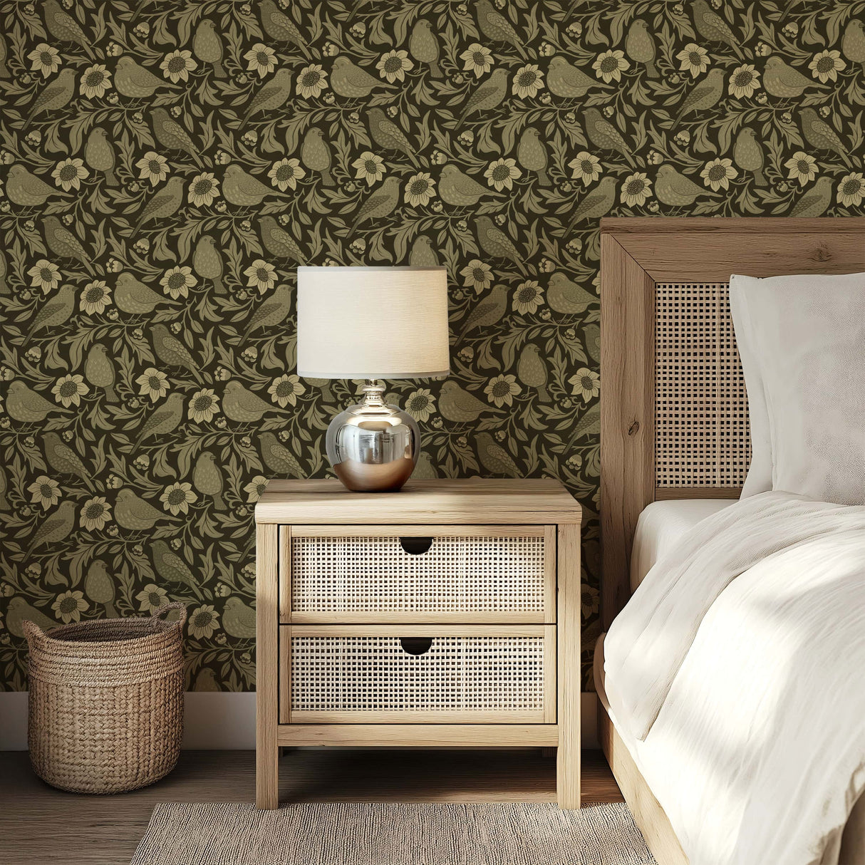 Heritage Birds & Wildflowers – Olive Green Botanical Wallpaper