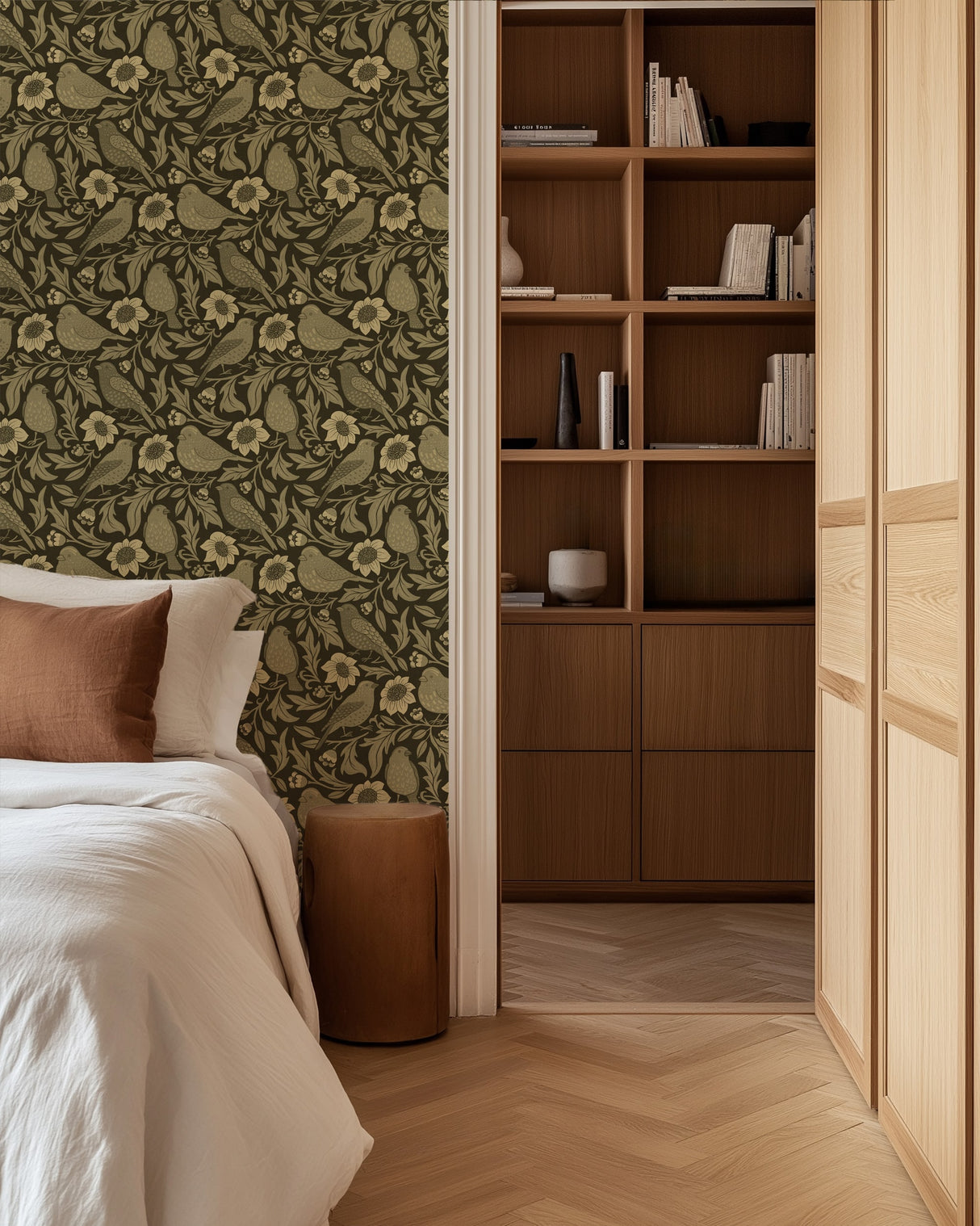 Heritage Birds & Wildflowers – Olive Green Botanical Wallpaper