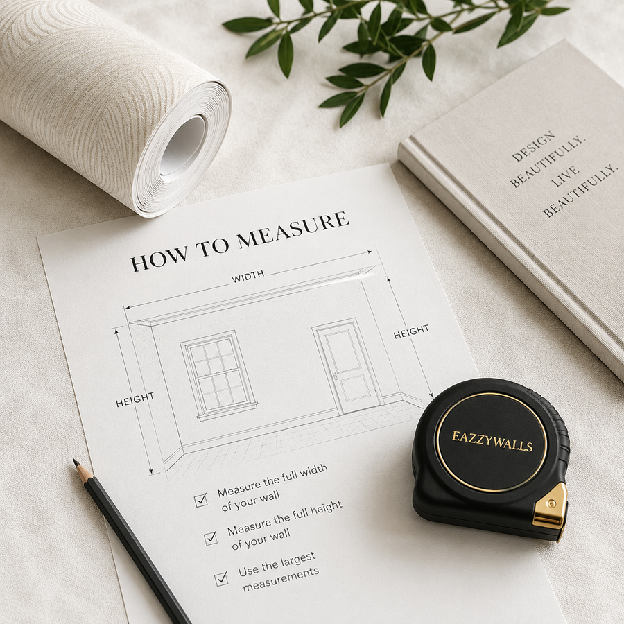 A styled flat-lay of a wall-measuring guide sheet with a line drawing labeled width, height, and depth, alongside a black tape measure with gold lettering that reads EAZZYWALLS, a pencil, a rolled wallpaper sample, and a book.