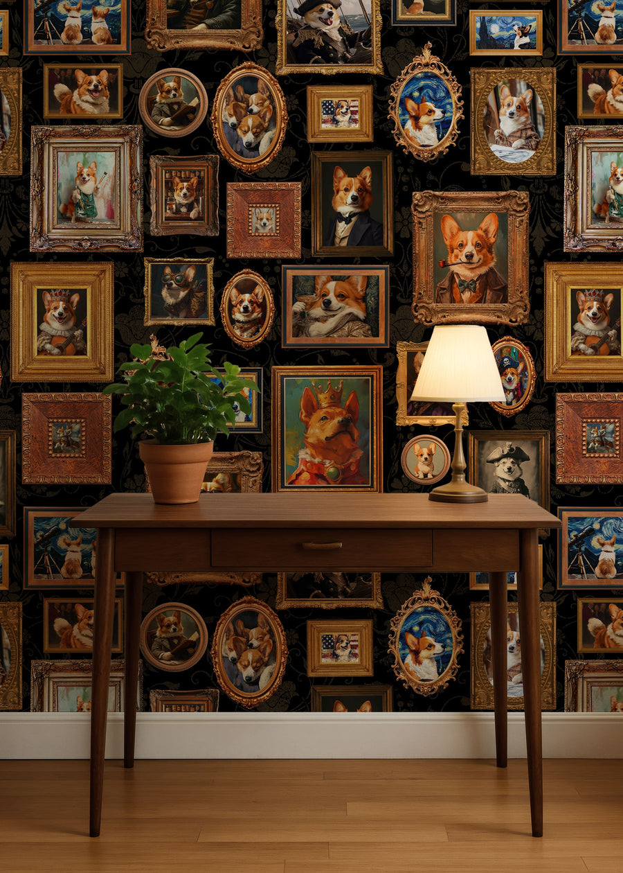 Interior with Vintage Corgi Portrait Gallery Wallpaper