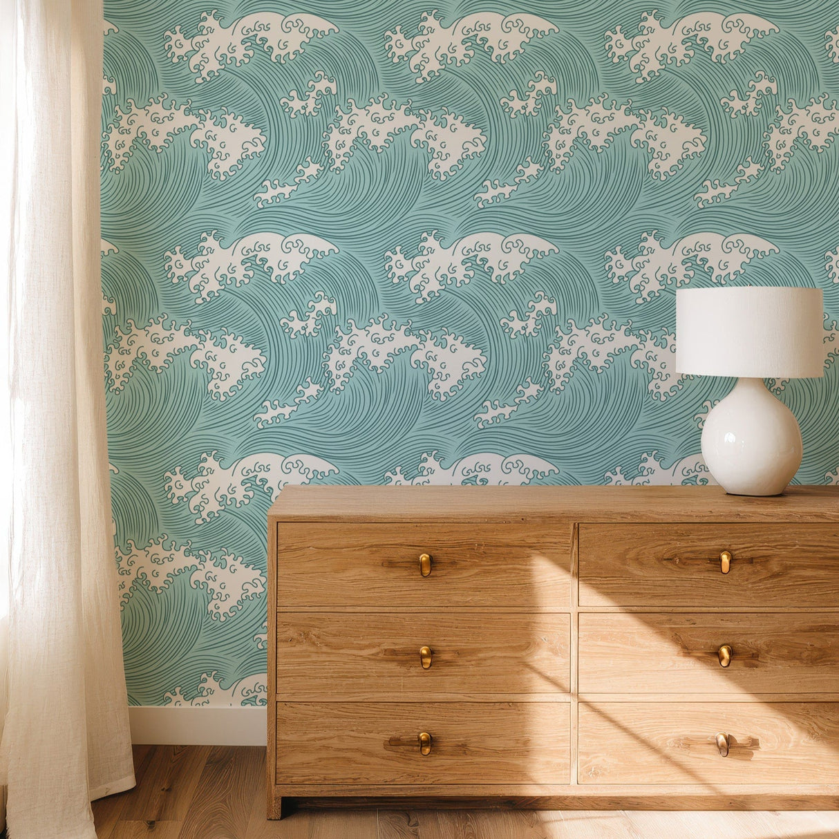 Coastal Japanese Wave Peel and Stick & Traditional Wallpaper