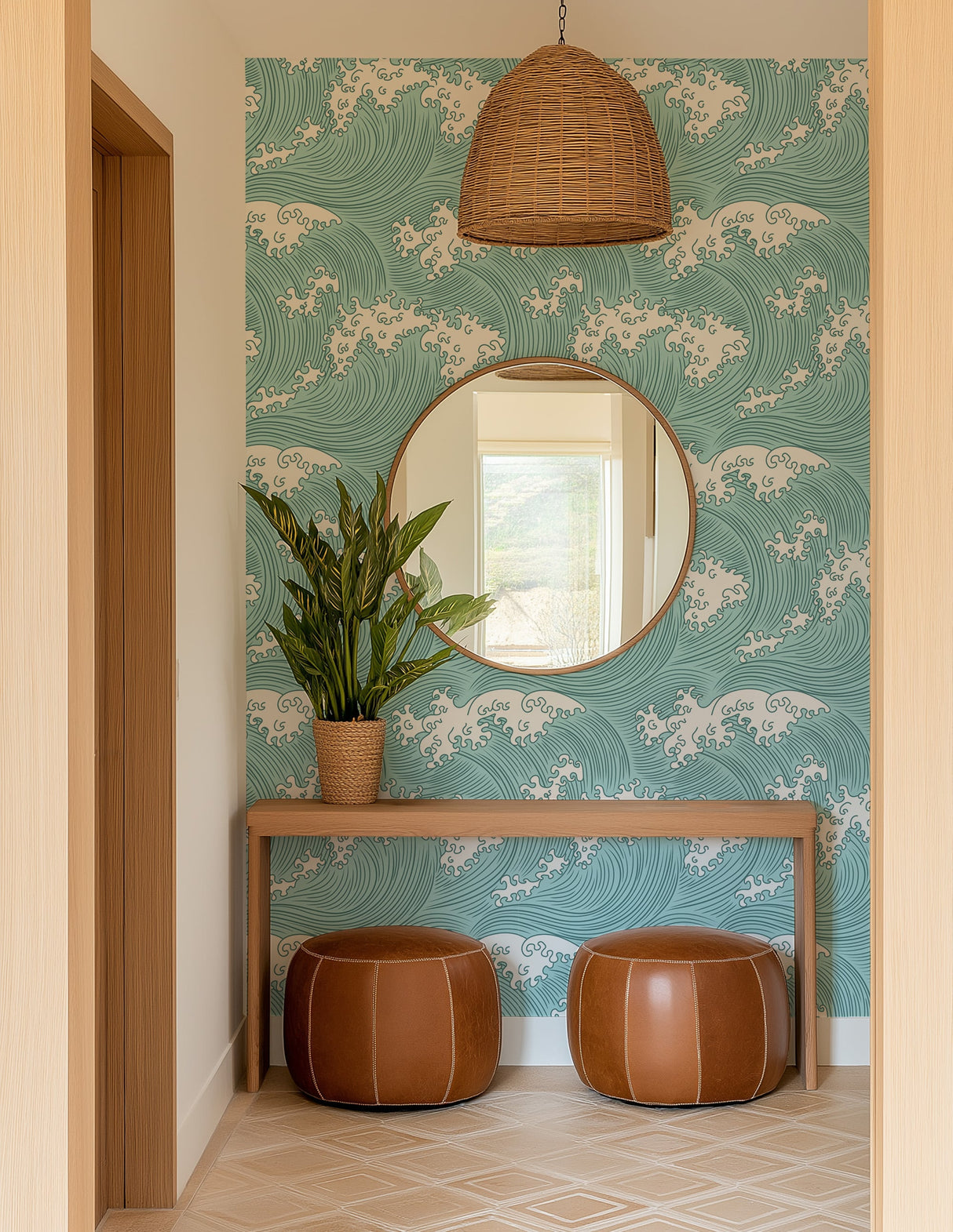 Coastal Japanese Wave Peel and Stick & Traditional Wallpaper
