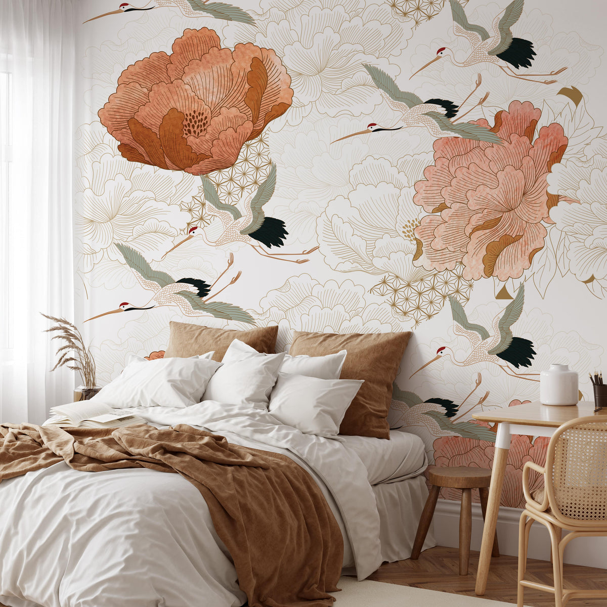 Crane Mural Wallpaper Japanese Floral Wallpaper Mural EazzyWalls