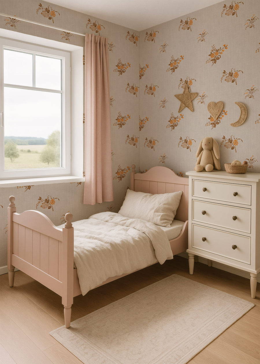 Kids room with Vintage Heirloom Floral Bouquet Wallpaper - Warm Beige