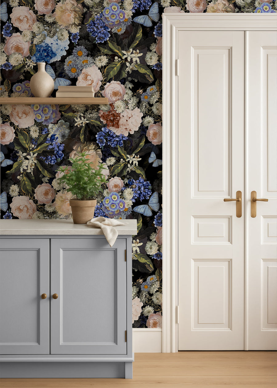 Kitchen with Baroque Midnight Floral Wallpaper