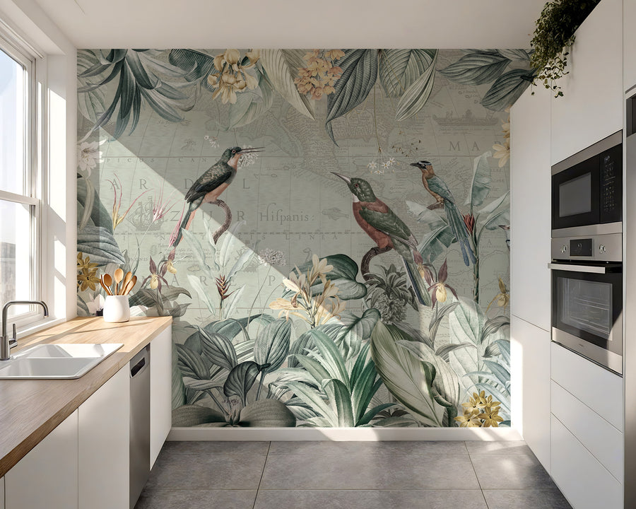 Kitchen with a Vintage Tropical Map Wall Mural with Birds & Botanicals
