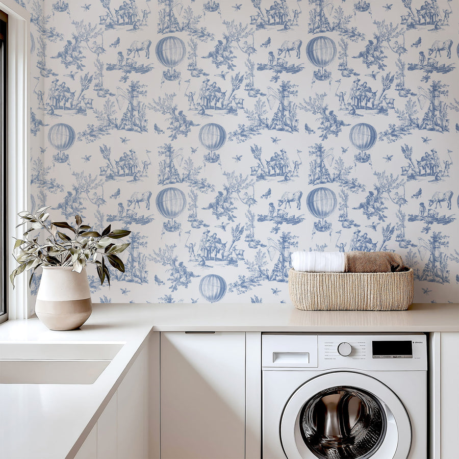 Laundry room with Blue Watercolor Toile Wallpaper – Hot Air Balloon Pattern