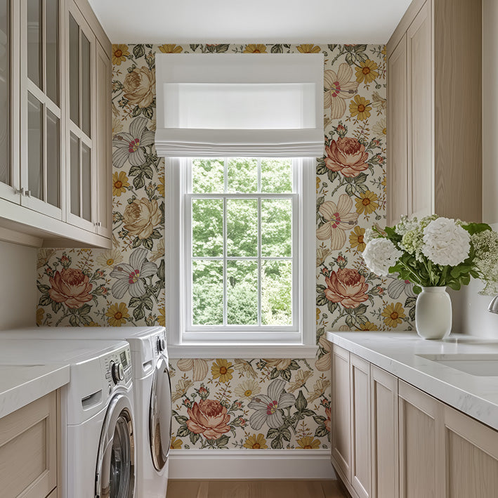 Laundry room with Chamomile Flowers Bouquet Wallpaper Wallpaper 