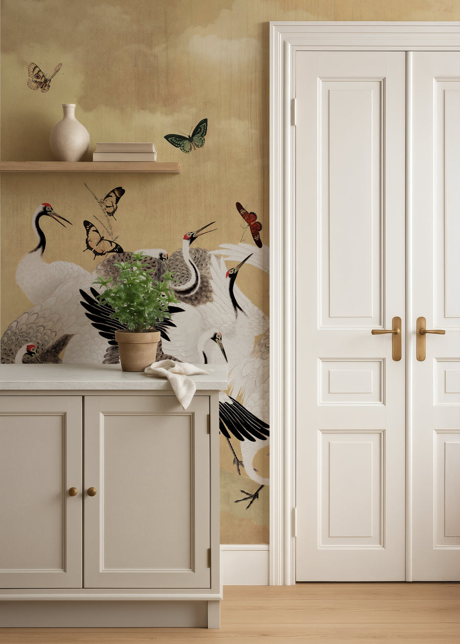 Laundry room with Golden Japanese Chinoiserie Cranes Wall Mural