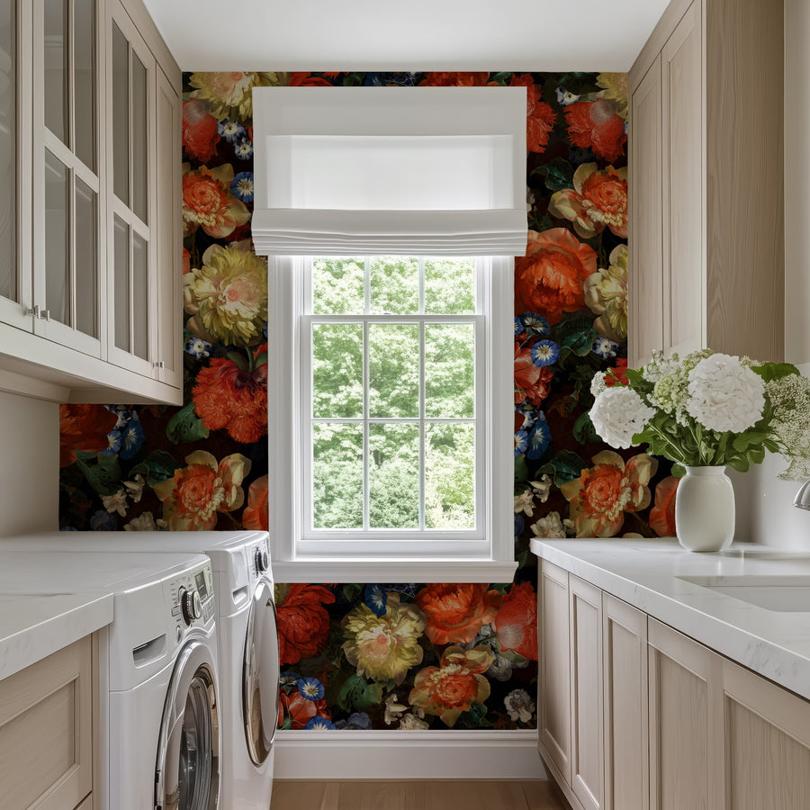 Laundry room with Moody Floral Wallpaper – Dutch Master Oil Painting