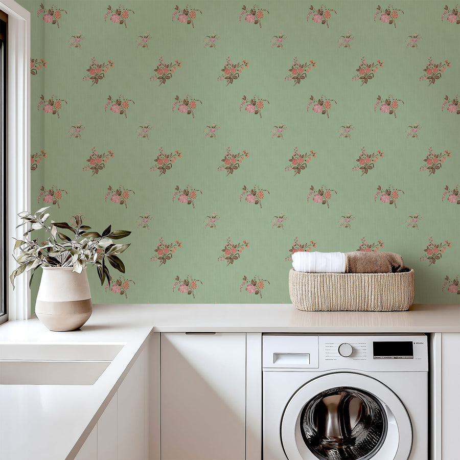 Laundry room with Sage Heritage Heirloom Floral Wallpaper