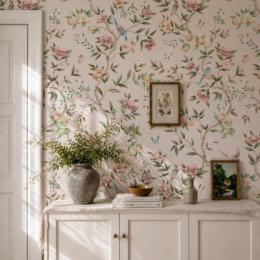 Pink Blush Chinoiserie Olivia's Garden Wallpaper - hand painted flowers and birds on warm blush beige background by Maja Pitschmann