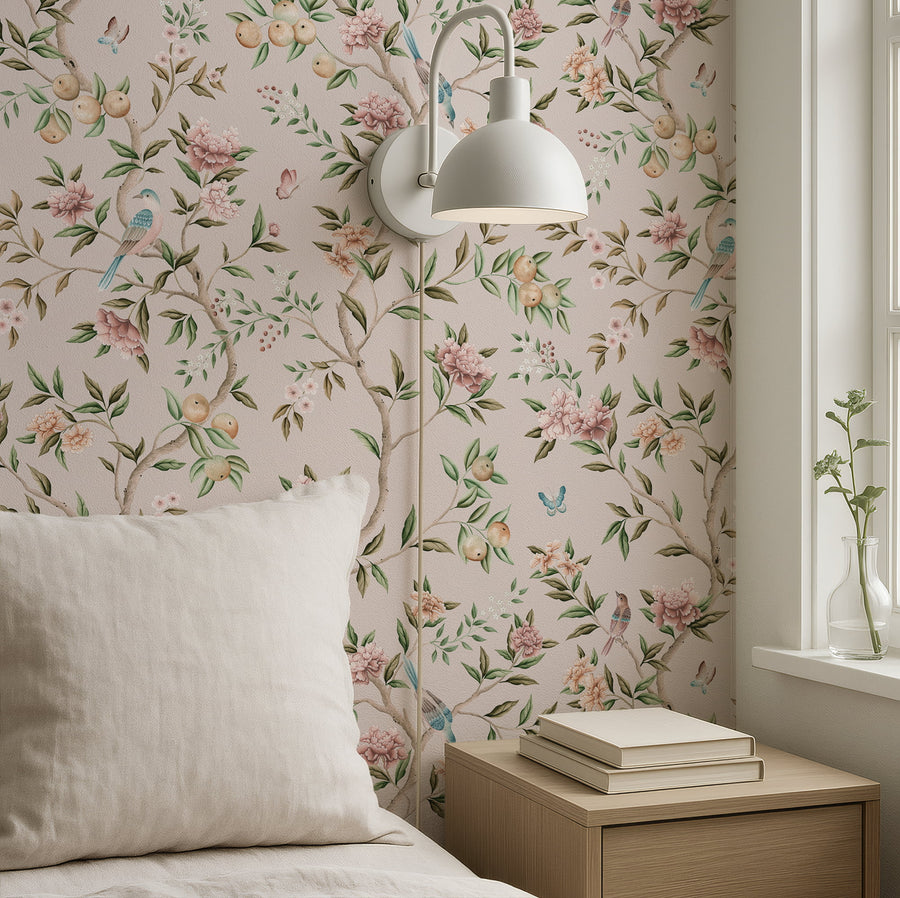 Chinoiserie peony wallpaper in blush pink - hand painted birds and botanical garden bedroom wallpaper made in USA