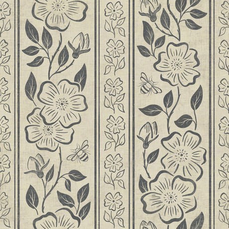 Linen Block Print Floral Stripe - Vintage Inspired Botanical Wallpaper