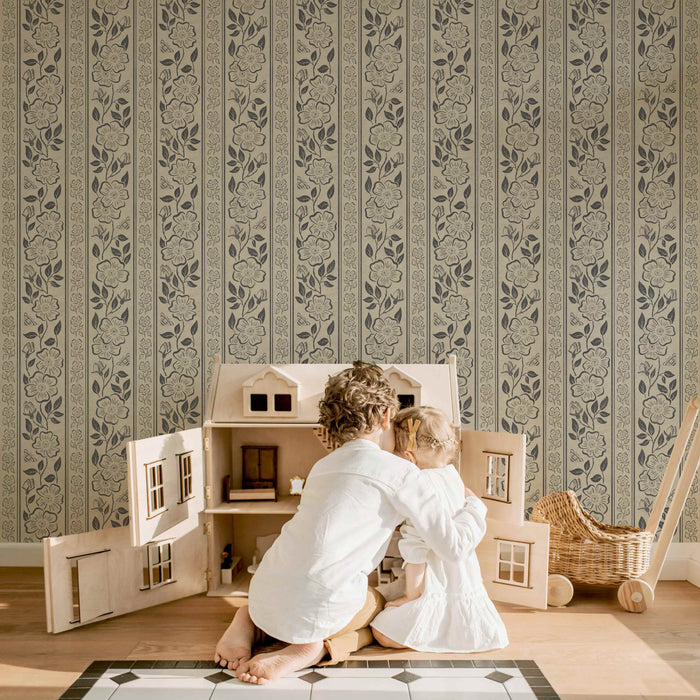 Botanical Stripe Wallpaper | Hand-Drawn Floral Elegance on Linen Texture