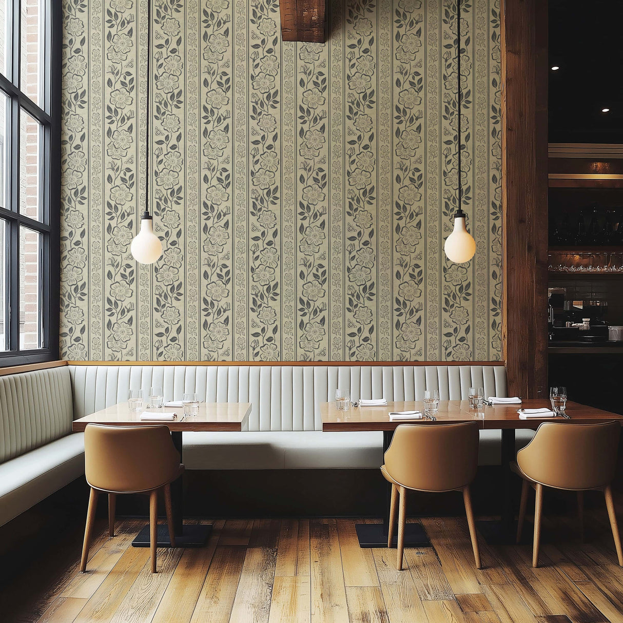 Linen Block Print Floral Stripe - Vintage Inspired Botanical Wallpaper