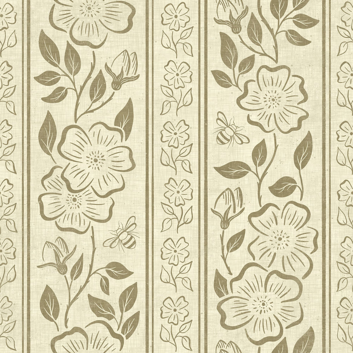 Linen Block Print Floral Stripe - Vintage Inspired Botanical Wallpaper