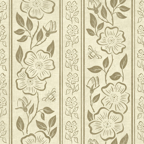 Linen Block Print Floral Stripe - Vintage Inspired Botanical Wallpaper