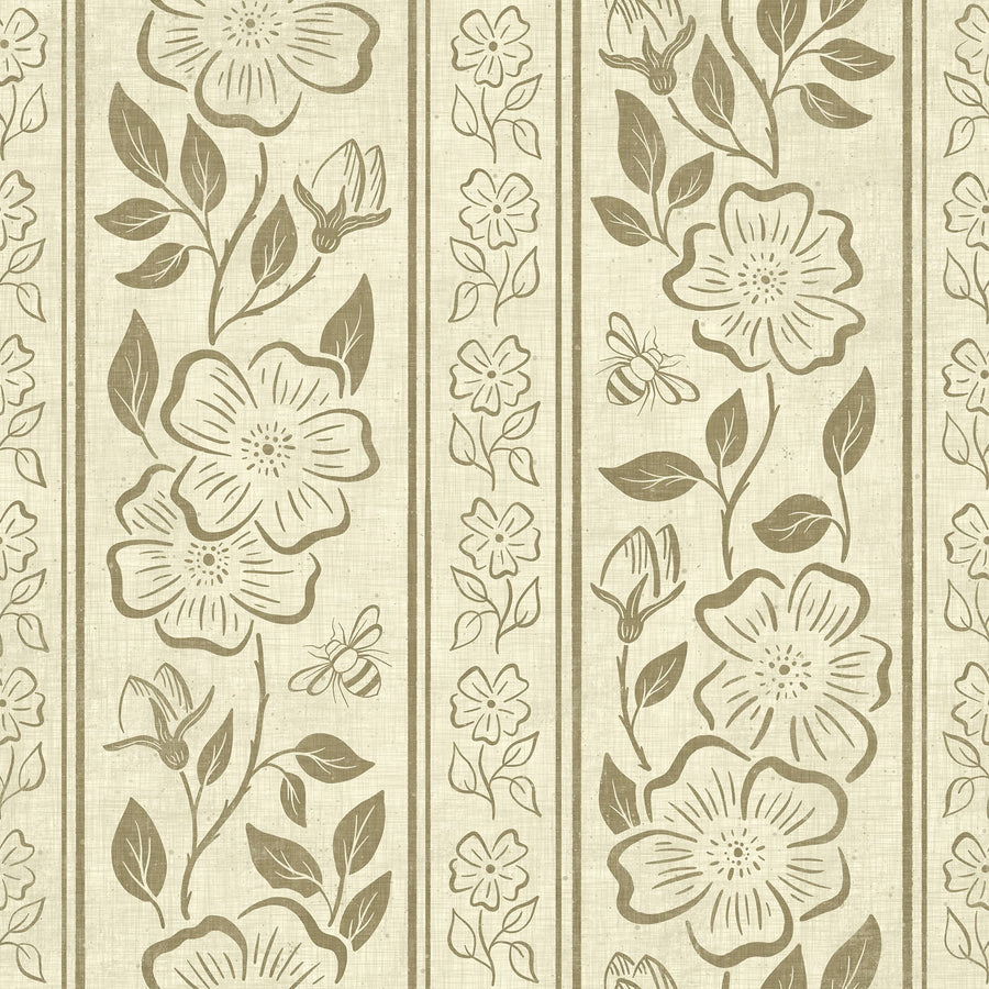 Linen Block Print Floral Stripe - Vintage Inspired Botanical Wallpaper
