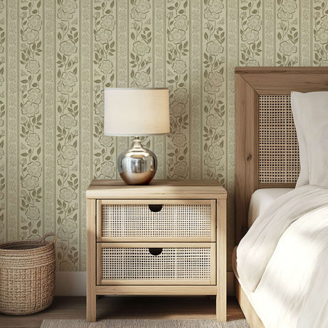 Linen Block Print Floral Stripe - Vintage Inspired Botanical Wallpaper