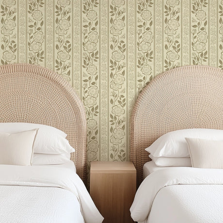 Linen Block Print Floral Stripe - Vintage Inspired Botanical Wallpaper