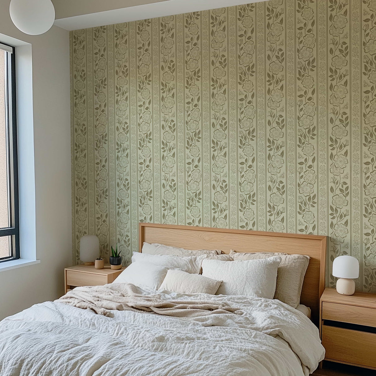 Linen Block Print Floral Stripe - Vintage Inspired Botanical Wallpaper