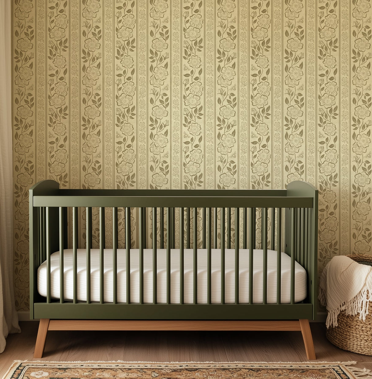 Linen Block Print Floral Stripe - Vintage Inspired Botanical Wallpaper