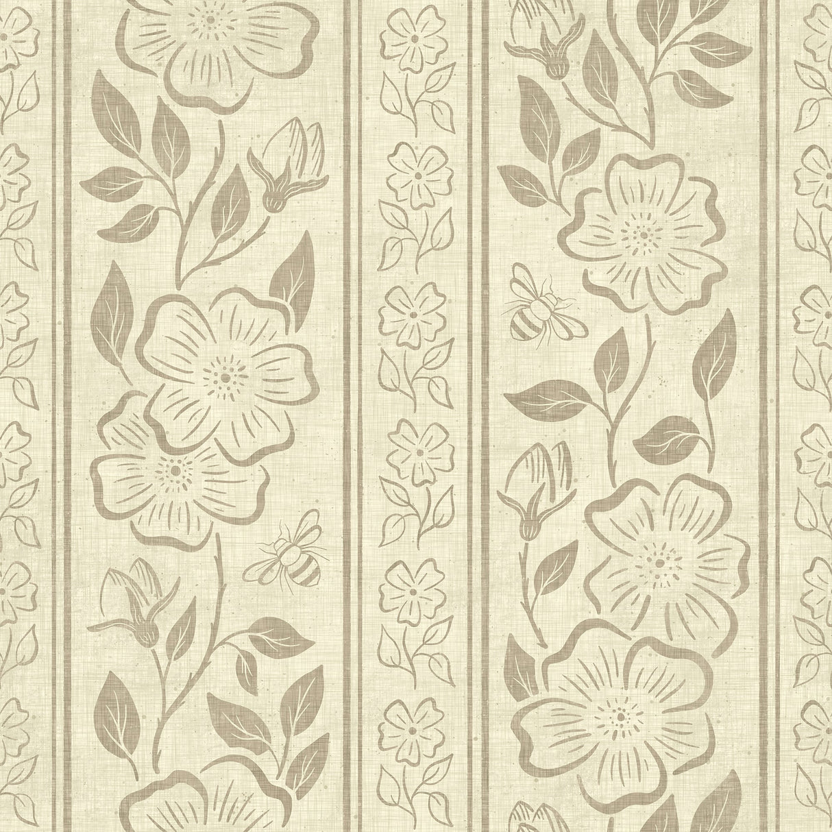 Linen Block Print Floral Stripe - Vintage Inspired Botanical Wallpaper