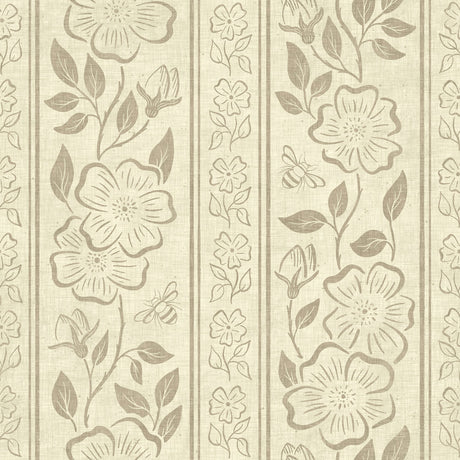 Linen Block Print Floral Stripe - Vintage Inspired Botanical Wallpaper